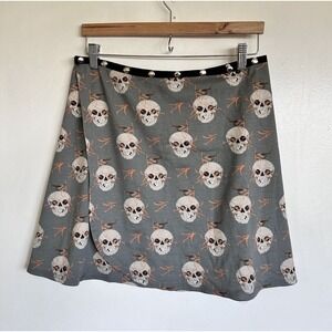 ERIN MACLEOD Goth Skulls & Birds Print Adjustable Snap Wrap Skater Mini Skirt OS